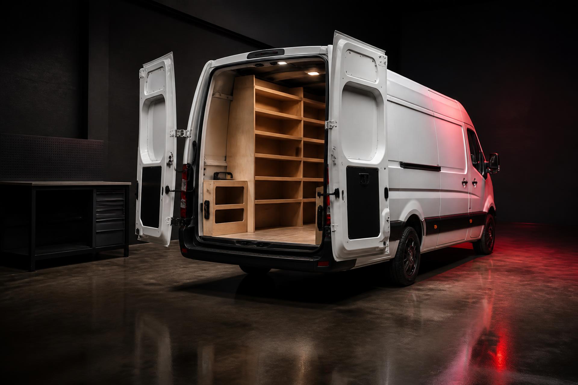 Commercial panel van with bespoke plywood racking fitted in the ProCraft workshop in Dingwall